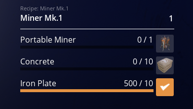 A list of materials for a Miner Mk.1 queued for construction