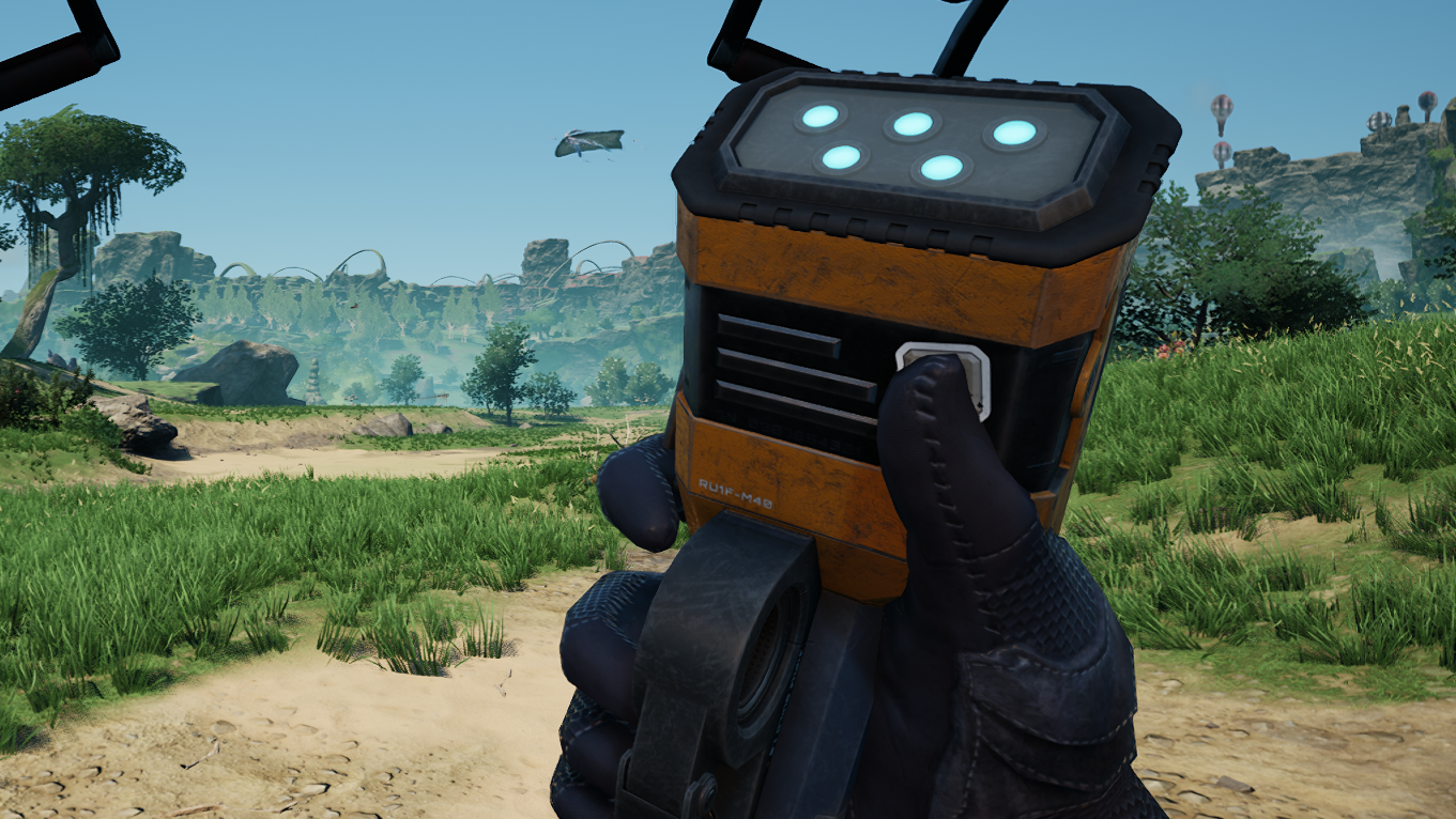 The Pioneer holding the Build Gun in Satisfactory